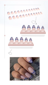Macro detail of almond press-on nails with nude base and blue double French tips