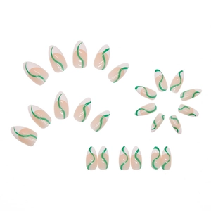 French nude almond press-on nails set with green wavy lines and 24 pieces included