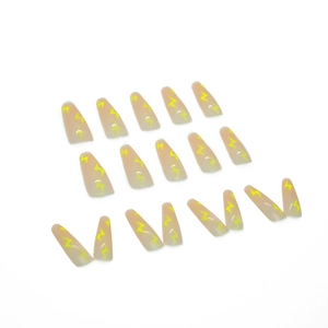 Long ballerina press-on nails with pink gradient base and yellow lightning bolt patterns