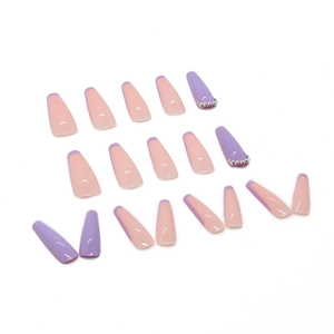 Coffin press on nails set with lavender and nude tones, French tips and crystals
