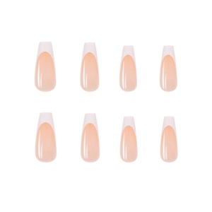 Classic French tip press on nails in nude pink with white edges and coffin shape