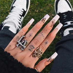Long Coffin Press On Nails French Tip Butterfly Pattern Nude Pink Glossy Fake Nails Professional Manicure Art