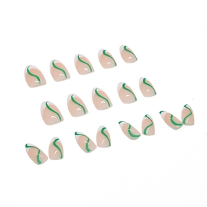 Almond-shaped French press-on nails with pink base, white tips and green wavy patterns