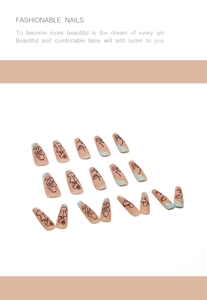 Abstract line art false nails with nude and blue blocks on professional long ballet shape