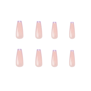 Long coffin press on nails with soft nude pink base and lilac purple French tips