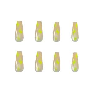 Long ballet press on nails in nude base with neon green lightning bolt pattern