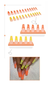 Detail view of long ballerina press-on nails with orange and yellow fluid lines set