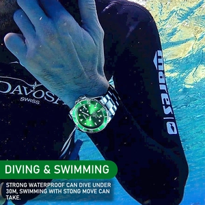 Waterproof quartz diver watch with green sunray dial and silver stainless steel strap underwater