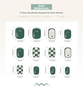Detailed size chart for green checkered press-on nails featuring 12 precise measurements