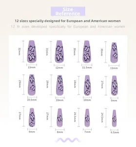 Size chart showing 12 sizes of long coffin press on nails with purple butterfly designs