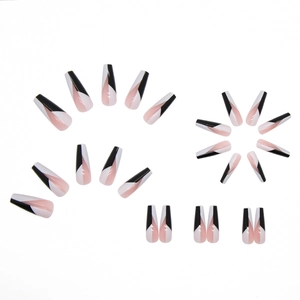 Long coffin press on nails with black white and nude pink geometric拼接 designs