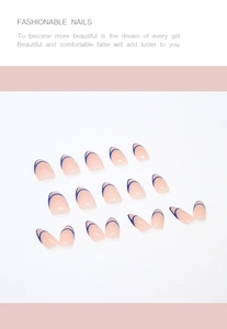 Short almond French style press-on nails with nude base and dark blue curved stripes