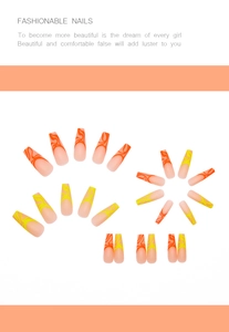 Detail of long coffin press on nails with nude base and orange yellow marble art
