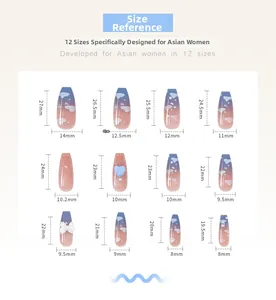 Size guide for blue gradient bow press-on nails in various dimensions for women