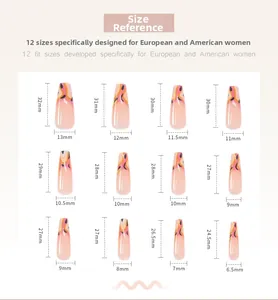 Size chart for long ballerina press-on nails in various dimensions with pink orange patterns
