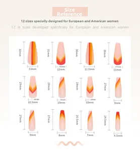 Detailed size chart for 12 coffin press-on nails with red and orange V-shaped lines