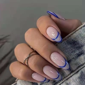 Minimalist French Blue Line Press On Nails Almond Shape Nude Pink Fake Nails For Women Daily Manicure Decorative Art