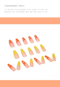 Detail of matte long coffin press-on nails with orange and yellow wavy tip patterns