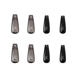 Glossy black and translucent grey long coffin press on nails in a minimalist set