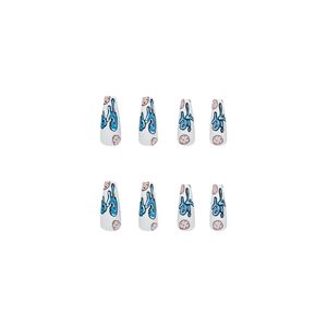 Long ballet press-on nails with blue graffiti text and pink cookie patterns