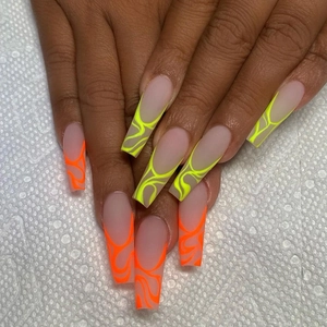 Press On Nails Long Coffin Shape Neon Yellow Orange Flame Swirl Design Frosted Matte Artificial Fake Nails For Women