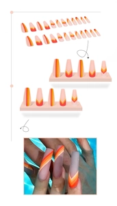 Detailed view of long coffin press-on nails with sunset orange and red geometric wave patterns