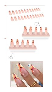 Detail of 24pcs long coffin press-on nails with colorful abstract fluid art patterns