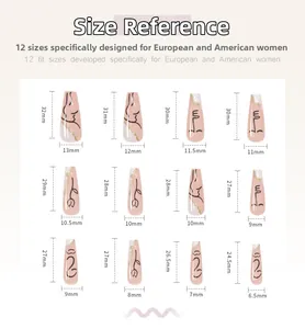 Size chart detail for long trapezoidal press-on nails with 12 specific dimensions