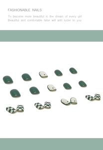 Detailed set of green checkerboard press-on nails with solid and dotted art designs
