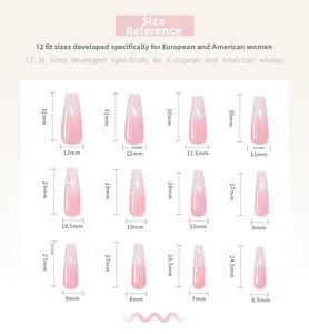 Size chart for gradient pearl ballet press-on nails in 12 different dimensions