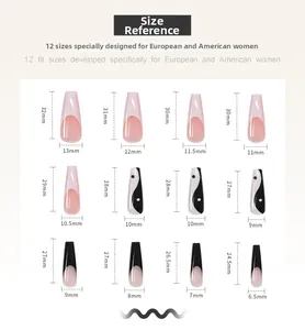 Detailed size guide chart showing 12 sizes of extra long Tai Chi press-on fake nails