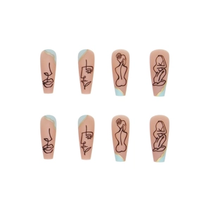 Long ballet press-on nails with nude pink base and black minimalist line art design
