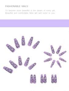 Detail of long ballerina press on nails with purple matte finish and butterfly patterns