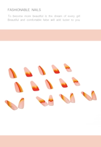 Detailed set of almond press-on nails with red, orange, and yellow wavy line patterns