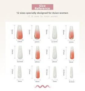 Size guide for white marble gradient press-on nails with rhinestones in 12 sizes