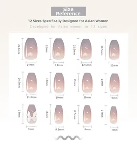 Size chart showing 12 sizes of long gradient press-on nails with bow detail
