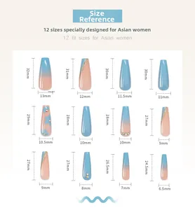 Tabella delle 12 misure per unghie finte lunghe a ballerina con sfumatura floreale blu