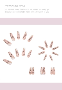 Detail of press-on nails with hand-painted face art, floral patterns and gold glitter accents