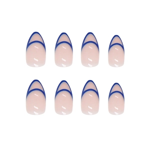 Short almond press-on nails in nude pink with elegant double blue French tip design