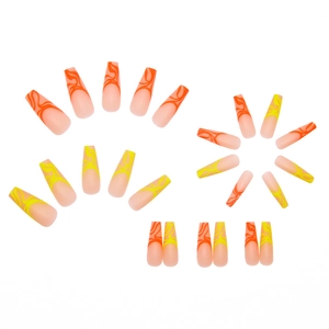 Matte long coffin press on nails featuring orange and yellow French swirl designs