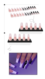 Macro view of 24pcs long coffin press-on nails with black and white Tai Chi design