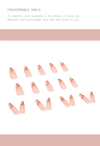 Detailed view of long almond press-on nails with pink base and abstract swirl patterns