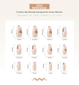 Detailed size chart for press-on nails featuring 12 different length and width measurements