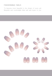 Macro detail of 24pcs long coffin ombre lavender press-on nails with 3D bow decor