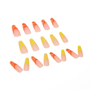 Long ballerina press-on nails with pink base and neon orange and green fluid patterns