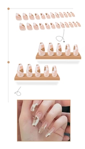 Detail of 24pcs long ballerina press-on nails featuring mocha and cream marble art design