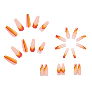 Matte nude long coffin press-on nails with red and orange V-shape geometric line design