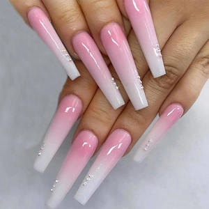 Ombre Pink White Press On Nails Long Coffin Ballerina Fake Nails With Rhinestone Glossy ABS Resin For Women