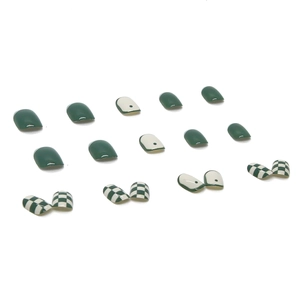Green checkerboard and polka dot press-on nail set with white and dark green nails