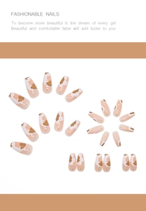 Macro view of long coffin false nails with brown cow print pattern and nude base